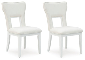 Embracing modern glamour, this dining chair is a dazzling addition to your dining area. A bright white lacquer finish and a contemporary cutout design give it a look all its own. The sumptuous upholstery wows with metallic thread accents.<br><br><b>Additi