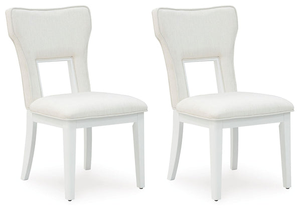 Embracing modern glamour, this dining chair is a dazzling addition to your dining area. A bright white lacquer finish and a contemporary cutout design give it a look all its own. The sumptuous upholstery wows with metallic thread accents.<br><br><b>Additi