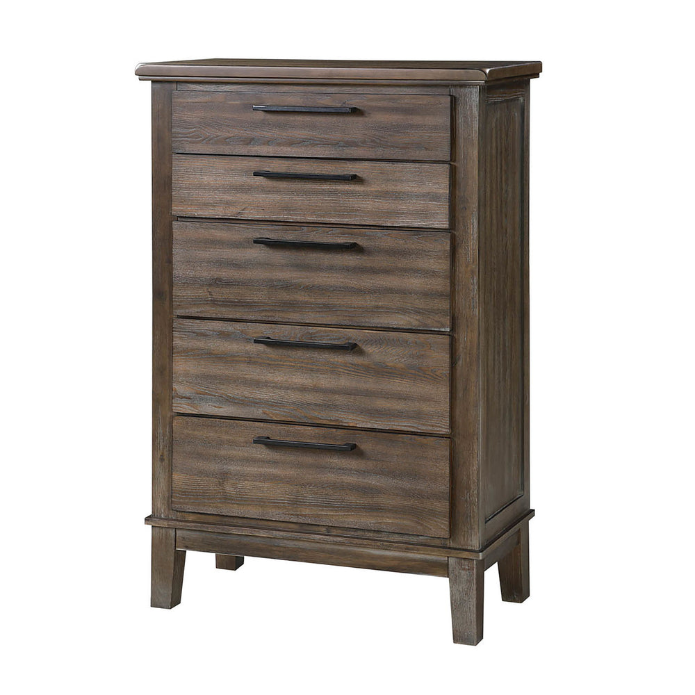 The Cagney 5-Drawer Chest in Vintage Gray is a superb combination of strength, timeless design, and functional storage, making it an essential piece for any bedroom. Meticulously crafted from solid Rubberwood, premium engineered woods, and authentic Acaci