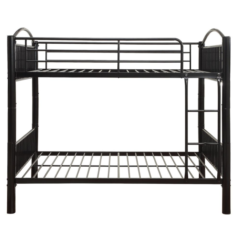 The Cayelynn full over full bunk bed is a great way to free up space in a kids bedroom. It is a round metal tube design and features a built in ladder to the upper twin bed that also has a guardrail. This bed is available in black and silver.<br/><br/><b>