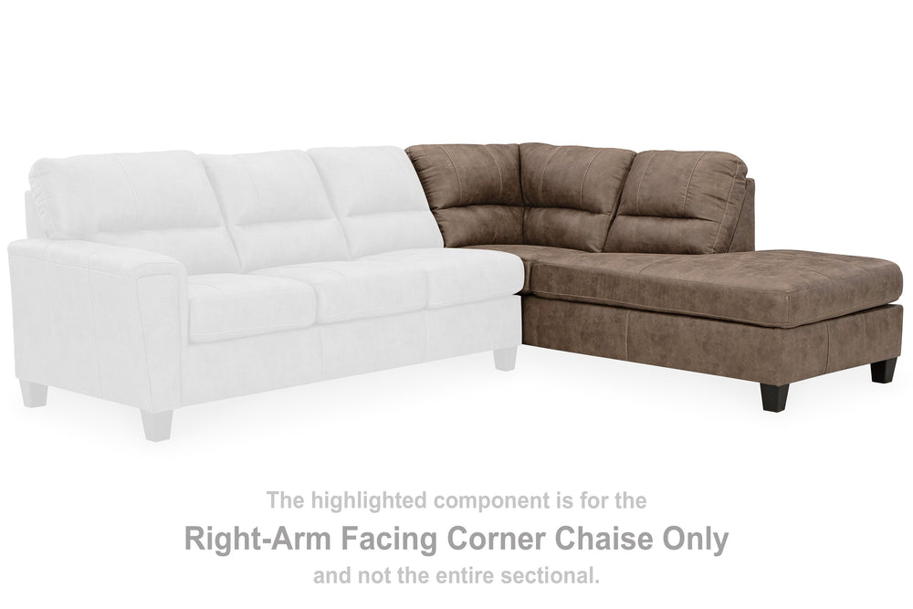 This right-arm facing corner chaise is made with faux leather upholstery. Pairs with other items in the series to make a sectional.<br><br><b>Additional Dimensions</b><br><ul><li>Arm height: 27-"</li><li>Leg height: 4.5-"</li><li>Minimum width of doorway 