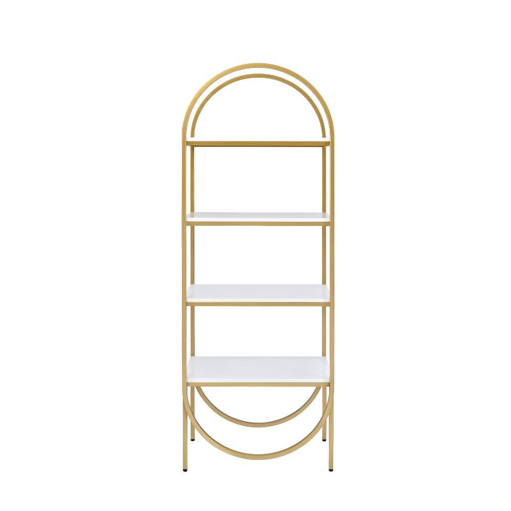 KD, Rectangular Bookshelf (Etagere Style) Storage: 4 Open Compartment (5 Wooden Shelves, Fixed) Orientation: Freestanding (Wall Tall) Wooden Shelves: White High Gloss Metal Frame: Champagne Finish (Back Open) CONSTRUCTION] Wooden Shelves: High Gloss, 18mm