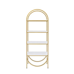 KD, Rectangular Bookshelf (Etagere Style) Storage: 4 Open Compartment (5 Wooden Shelves, Fixed) Orientation: Freestanding (Wall Tall) Wooden Shelves: White High Gloss Metal Frame: Champagne Finish (Back Open) CONSTRUCTION] Wooden Shelves: High Gloss, 18mm