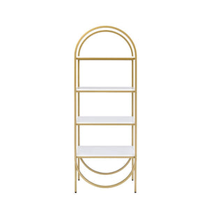 KD, Rectangular Bookshelf (Etagere Style) Storage: 4 Open Compartment (5 Wooden Shelves, Fixed) Orientation: Freestanding (Wall Tall) Wooden Shelves: White High Gloss Metal Frame: Champagne Finish (Back Open) CONSTRUCTION] Wooden Shelves: High Gloss, 18mm