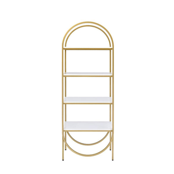 KD, Rectangular Bookshelf (Etagere Style) Storage: 4 Open Compartment (5 Wooden Shelves, Fixed) Orientation: Freestanding (Wall Tall) Wooden Shelves: White High Gloss Metal Frame: Champagne Finish (Back Open) CONSTRUCTION] Wooden Shelves: High Gloss, 18mm