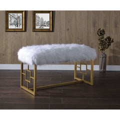 Exude an air of sophistication and comfort with this Bagley II bench. Featuring white faux fur seat cushion and gold metal base, this armless lounge bench is destined to be your favorite piece. Regardless where you placed it, it will always be the attenti