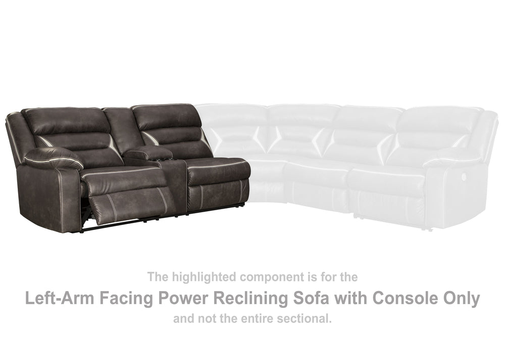 This left-arm facing power reclining sofa with console is made with polyester/polyurethane upholstery. Pairs with other items in the series to make a sectional.<br><br><b>Additional Dimensions</b><br><ul><li>Arm height: 26.5-"</li><li>Distance between rec