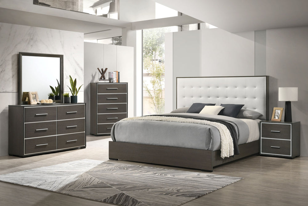 Discover the modern charm of this bedroom collection, featuring a clean-lined design with a warm dark finish. The centerpiece is a bed with a stylish tufted headboard, providing a touch of class. This set includes a matching dresser, chest, and nightstand