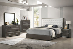 Discover the modern charm of this bedroom collection, featuring a clean-lined design with a warm dark finish. The centerpiece is a bed with a stylish tufted headboard, providing a touch of class. This set includes a matching dresser, chest, and nightstand