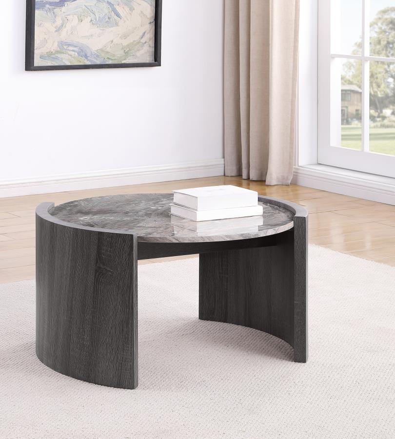 This 33-inch coffee table merges contemporary flair with lasting durability. Its grey marble scratch-resistant and eco-friendly laminate veneer top complements a distressed grey scratch-resistant and eco-friendly laminate veneer frame. Crafted from engine