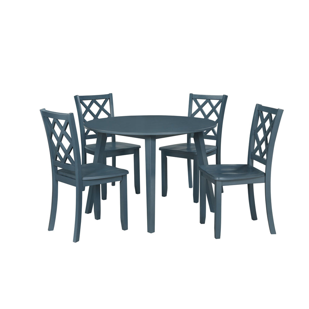 The Trellis 5 Piece Round Dining Set in blue is a superb choice for those looking to add a blend of style and functionality to their dining area. This set includes one round dining table and four chairs, all constructed from solid rubberwood, manufactured
