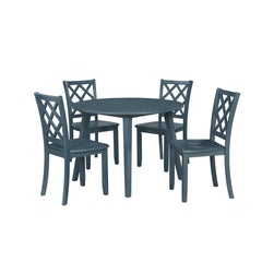 The Trellis 5 Piece Round Dining Set in blue is a superb choice for those looking to add a blend of style and functionality to their dining area. This set includes one round dining table and four chairs, all constructed from solid rubberwood, manufactured