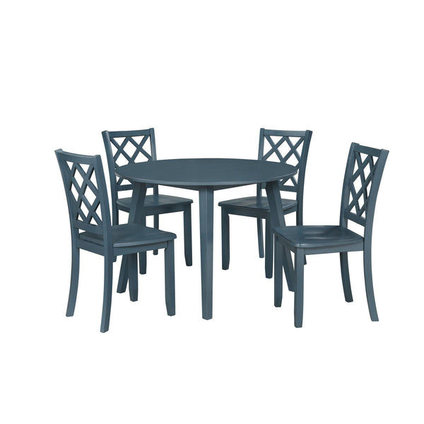 The Trellis 5 Piece Round Dining Set in blue is a superb choice for those looking to add a blend of style and functionality to their dining area. This set includes one round dining table and four chairs, all constructed from solid rubberwood, manufactured