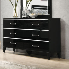 Explore modern simplicity that easily improve your overall aesthetic. The contemporary lines of this dresser works perfectly with the temping finish, while decorative sliver trims add depth and reflect light. It offers six storage drawers with clear acryl