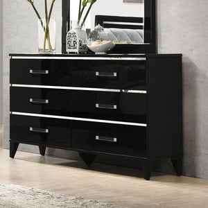 Explore modern simplicity that easily improve your overall aesthetic. The contemporary lines of this dresser works perfectly with the temping finish, while decorative sliver trims add depth and reflect light. It offers six storage drawers with clear acryl