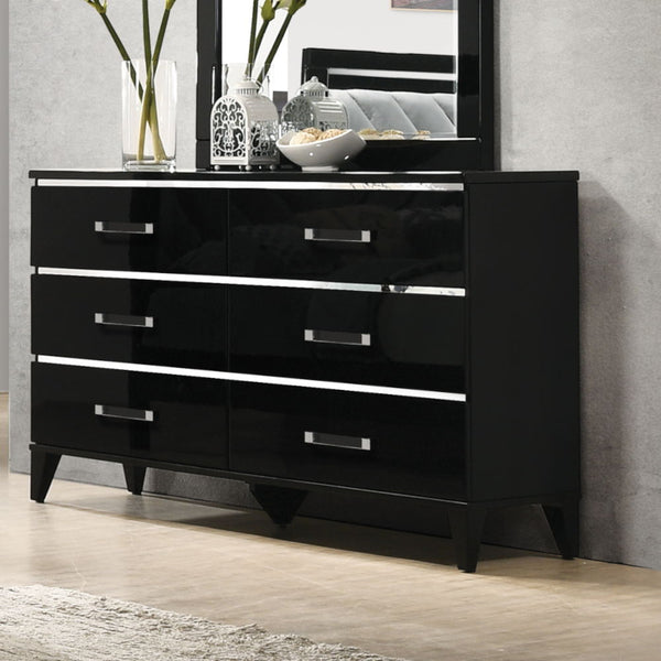 Explore modern simplicity that easily improve your overall aesthetic. The contemporary lines of this dresser works perfectly with the temping finish, while decorative sliver trims add depth and reflect light. It offers six storage drawers with clear acryl