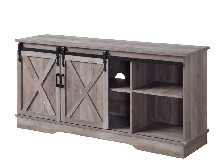 Enjoy a warm and cozy family TV time with this cottage-style TV satnd. The rustic casegood has two sliding barn doors with classic Z overlay and pull handles. Metal sliding hardware is coated with black finish, providing smooth operatin and chic look. Two