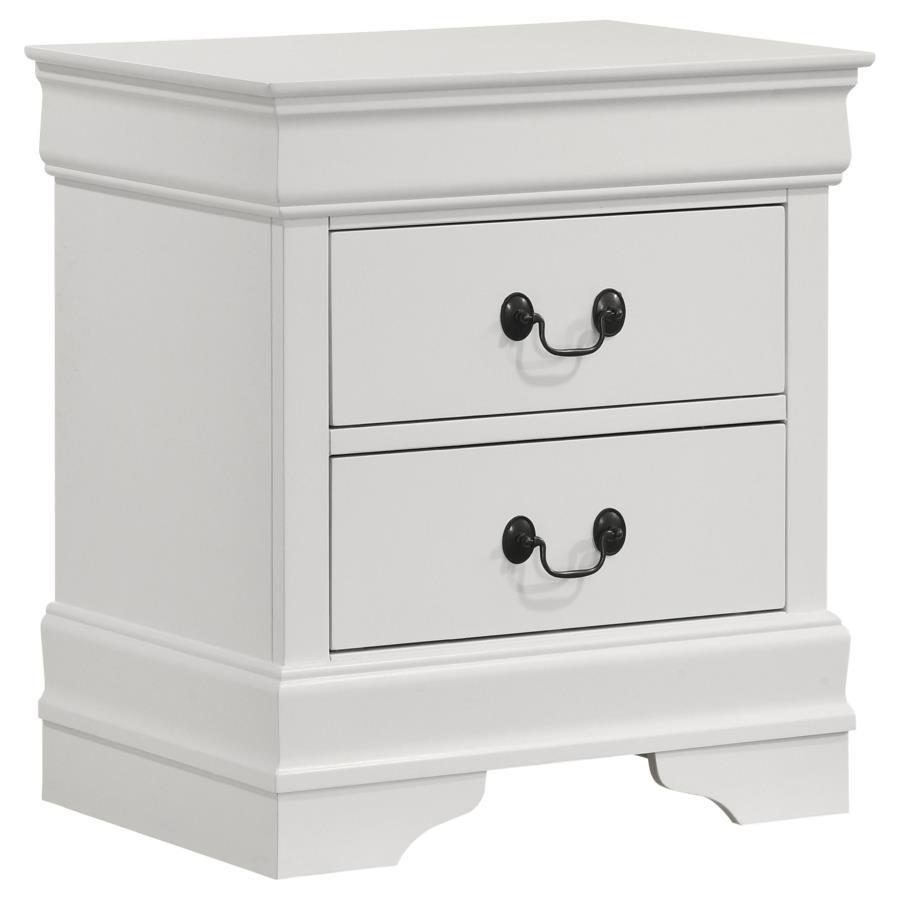 Add easy storage to your bedside with a stylish transitional two-drawer nightstand. In white, it-'s a versatile choice that complements a wide range of beds, linens, and surrounding decor. The nightstand offers a spacious top for a reading lamp and your p