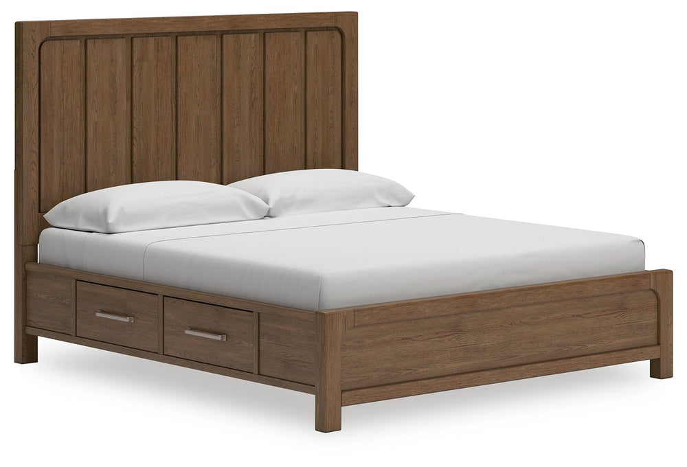 This California king panel bed with storage sits comfortably at the intersection of modern lodge and farmhouse aesthetics. Your warm and welcoming disposition is reflected in its charming architectural elements and light brown glazed finish. Even with its