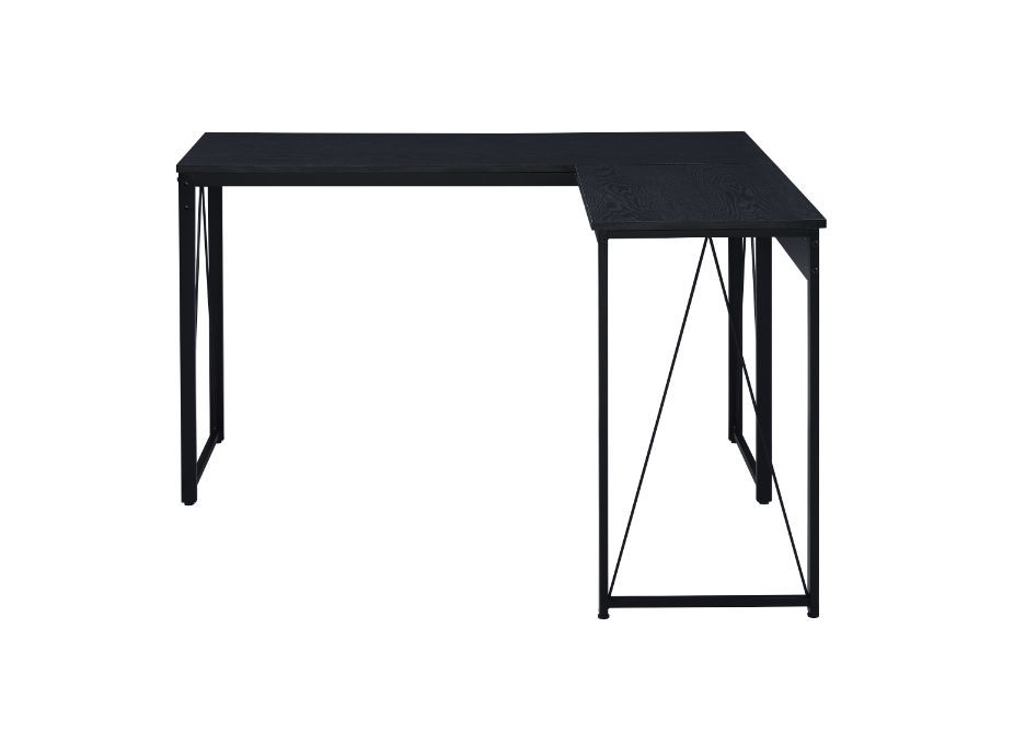 Add a mixed elelments appeal to your office with this rustic industrial design. The Zetri Desk boasts a L-shaped top with a open sled base for a spacious workspace. The black metal frame keeps silhouettes neat,with reverse -"V-" shaped support for extra s