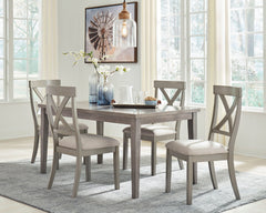 Casual lifestyle design. Dining tops are made with a durable Melamine surface with a replicated barn wood gray wood grain. Table legs feature a simple tapered leg design for timeless appeal. D291-01 soft seat â€œXâ€ back chair and D291-124 counter stool.