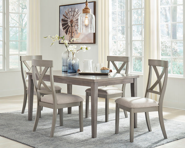 Casual lifestyle design. Dining tops are made with a durable Melamine surface with a replicated barn wood gray wood grain. Table legs feature a simple tapered leg design for timeless appeal. D291-01 soft seat â€œXâ€ back chair and D291-124 counter stool.