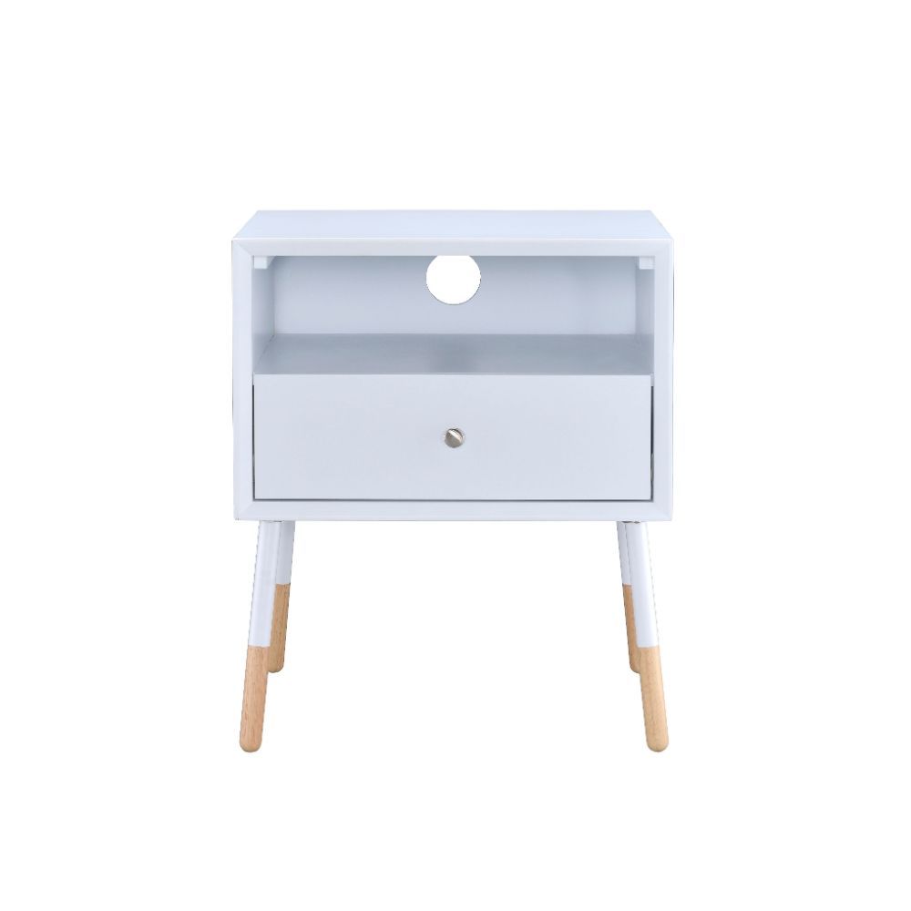 The Sonria II end table offers a contemporary take on a stylish retro design, ideal for your living room, family room, or bedroom. With its open storage compartment and bottom pull out drawer, you can conveniently store your remote controls, magazines, or
