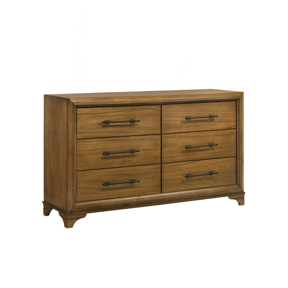 The Talcott 6 Drawer Dresser in honey finish is a perfect blend of durability and style, crafted from solid rubberwood, manufactured woods, and Mindy wood veneers for strength and stability. This transitional piece combines traditional and contemporary el