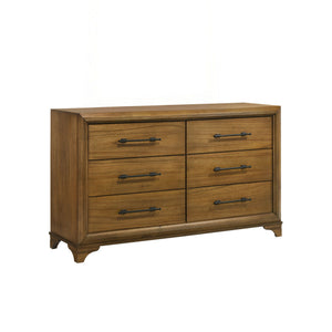 The Talcott 6 Drawer Dresser in honey finish is a perfect blend of durability and style, crafted from solid rubberwood, manufactured woods, and Mindy wood veneers for strength and stability. This transitional piece combines traditional and contemporary el