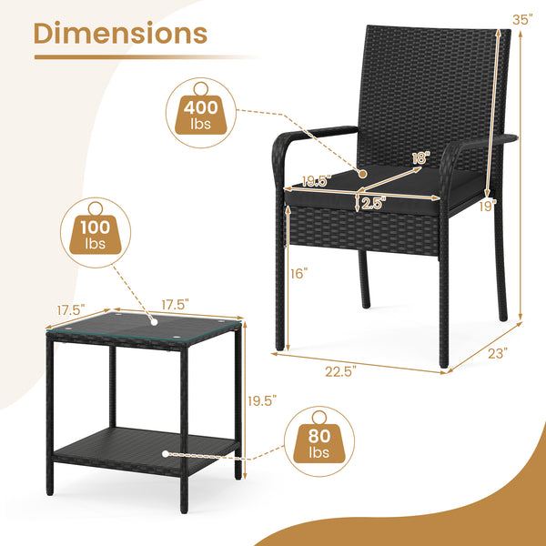 Crafted from appealing and long-lasting PE rattan<br>Comfortable to sit with ergonomic backrest and armrests<br>Soft seat cushions bring more coziness<br>Zippered cushion covers for simple maintenance<br>Side table with 2-tier design for more storage spac