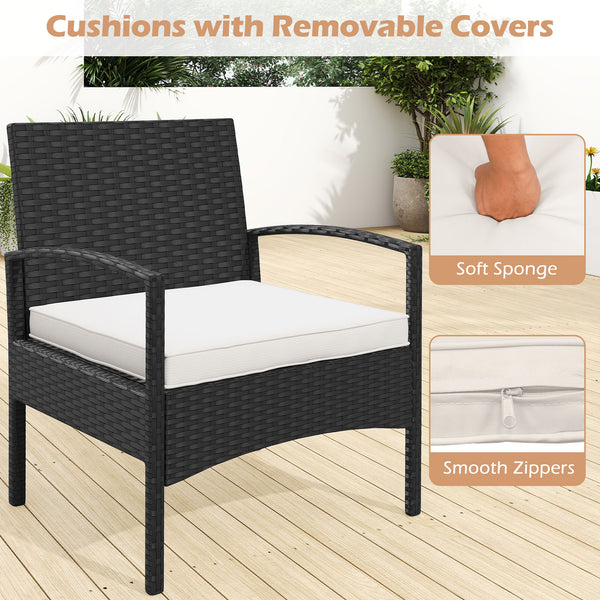 Premium hand-woven PE rattan for lasting outdoor charm<br>Soft seat cushions provide a cozy seating experience<br>Curved backrest and armrests for ergonomic support<br>Removable zippered covers for easy cleaning and maintenance<br>Stylish coffee table kee