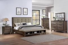 The Cagney 5-Piece Wood Bedroom Set in Vintage Gray is a perfect blend of timeless charm, tailored luxury, and practical functionality, designed to elevate any bedroom space. This comprehensive set includes an upholstered panel bed with a bench storage fo