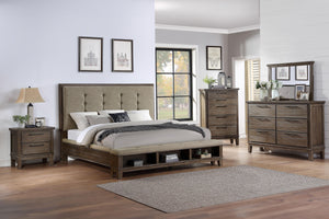 The Cagney 5-Piece Wood Bedroom Set in Vintage Gray is a perfect blend of timeless charm, tailored luxury, and practical functionality, designed to elevate any bedroom space. This comprehensive set includes an upholstered panel bed with a bench storage fo