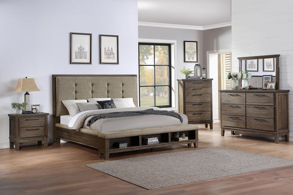 The Cagney 5-Piece Wood Bedroom Set in Vintage Gray is a perfect blend of timeless charm, tailored luxury, and practical functionality, designed to elevate any bedroom space. This comprehensive set includes an upholstered panel bed with a bench storage fo