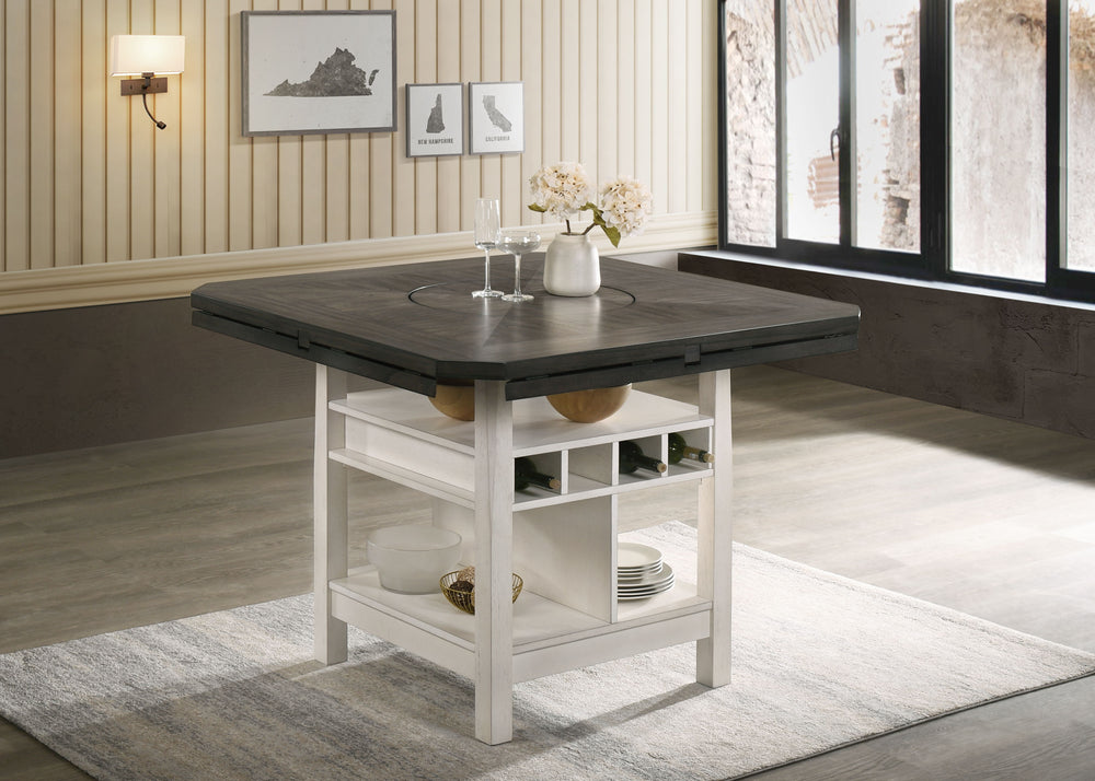 Elevate your dining experience with our contemporary dining ensemble. Infused with a modern twist on classic design, this set effortlessly balances sophistication with functionality. Featuring a two-toned wood finish complemented by sleek, white chairs. F