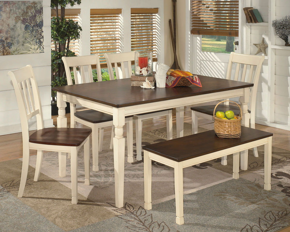 Made with select veneers and hardwood solids in a two-tone finish. Table and server top and chair seat is finished in a burnished brown color. The chair frame, table and server base is finished in cottage white paint. Antique bronze color bin pulls. Glued