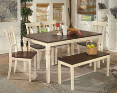 Made with select veneers and hardwood solids in a two-tone finish. Table and server top and chair seat is finished in a burnished brown color. The chair frame, table and server base is finished in cottage white paint. Antique bronze color bin pulls. Glued