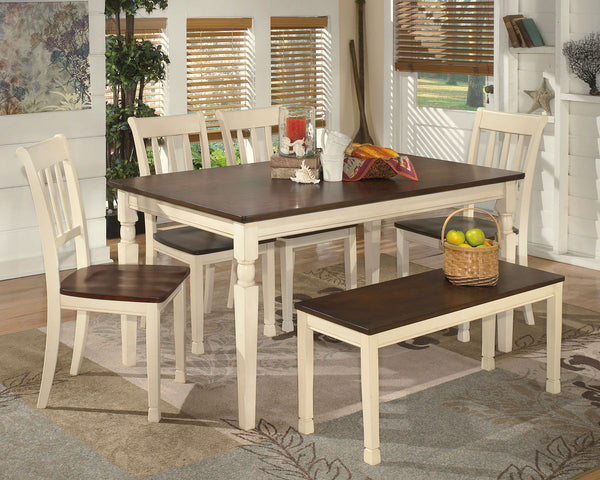 Made with select veneers and hardwood solids in a two-tone finish. Table and server top and chair seat is finished in a burnished brown color. The chair frame, table and server base is finished in cottage white paint. Antique bronze color bin pulls. Glued