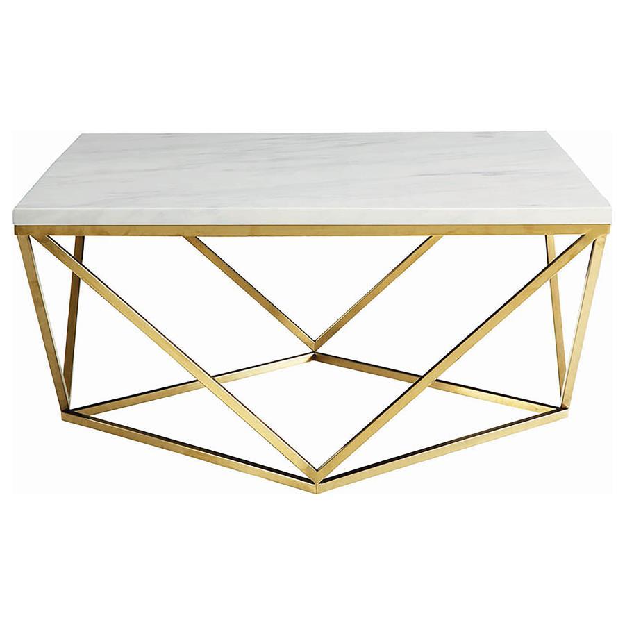 Enhance your living space with this modern square coffee table, featuring a striking white faux marble top and a geometric metal frame in a luxurious gold electroplated finish. The openwork design provides an airy yet bold aesthetic, perfect for contempor