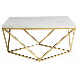 Enhance your living space with this modern square coffee table, featuring a striking white faux marble top and a geometric metal frame in a luxurious gold electroplated finish. The openwork design provides an airy yet bold aesthetic, perfect for contempor