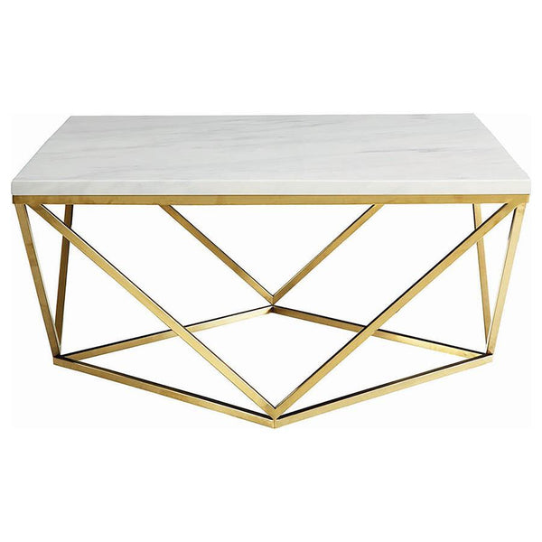 Enhance your living space with this modern square coffee table, featuring a striking white faux marble top and a geometric metal frame in a luxurious gold electroplated finish. The openwork design provides an airy yet bold aesthetic, perfect for contempor