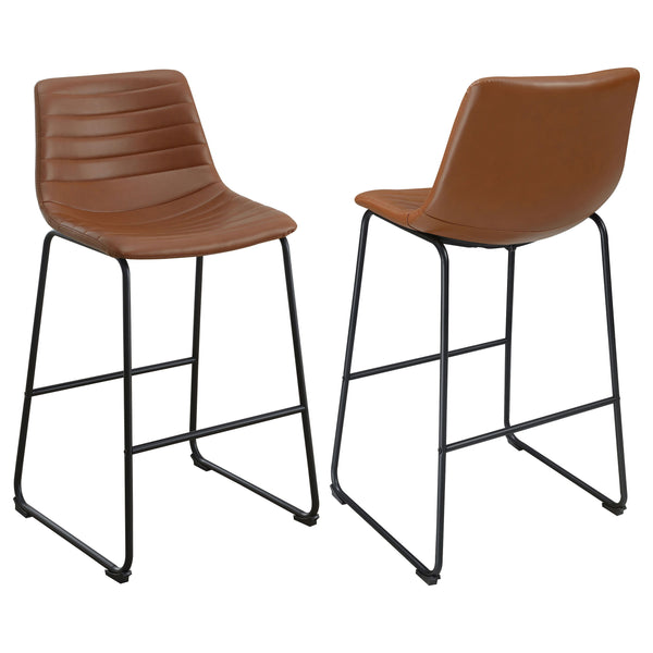 You-'ll love the upgraded ambiance of a set of two contemporary barstools in your kitchen or home lounge. Each counter stool shows off faux leather upholstery over a bucket style seat for inviting comfort. Beautiful color is highlighted with channel tufti