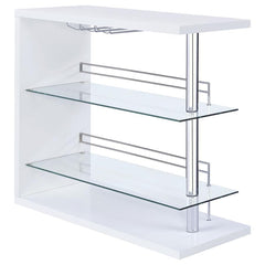 This contemporary bar unit will instantly elevate your hosting abilities. Convenient and versatile, it includes two glass shelves to accommodate your choice of beverages. It comes complete with a handy wine glass rack, allowing you to keep all your barten