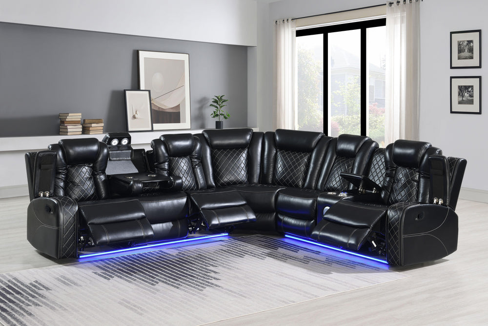 The Orion II 3-Piece Motion Sectional in black is a marvel of modern design and functionality, perfect for those seeking both comfort and durability. This set includes a Left Arm Facing Sofa with 2 recliners, a Right Arm Facing Console Loveseat with 1 rec