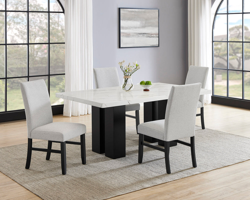 This dining group brings modern sophistication to your dining space with its sleek, contemporary design. The eye-catching marble-like tabletop adds a touch of luxury, perfectly balanced by the sturdy, dark-finished base for a striking contrast. The comfor