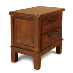 The Cagney 2-Drawer Nightstand in Chestnut Brown is a perfect blend of durability, elegance, and practicality, making it an essential addition to your bedroom. Crafted from solid Rubberwood, premium engineered woods, and authentic Acacia wood veneers, thi