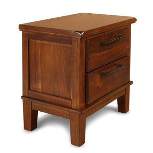 The Cagney 2-Drawer Nightstand in Chestnut Brown is a perfect blend of durability, elegance, and practicality, making it an essential addition to your bedroom. Crafted from solid Rubberwood, premium engineered woods, and authentic Acacia wood veneers, thi