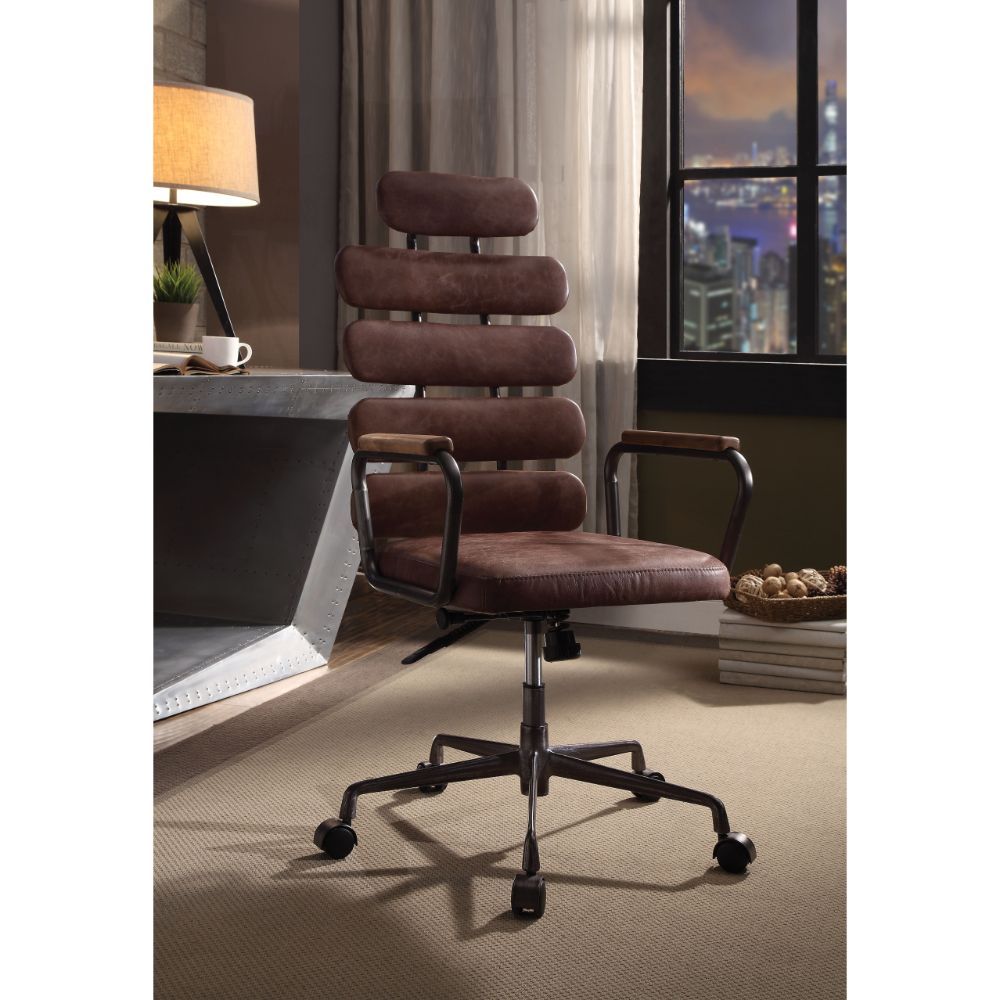KD, Executive Arm Office Chair (High Back) â€¢ Seat: Swivel (360 Degrees), Adjustable Height (Pneumatic Lift) â€¢ Padded Back & Seat: Top Grain Leather Cushion, Backrest: 5 Horizontal Panels â€¢ 5-Star Base w/Casters: Metal Base â€¢ Armrest: Wood with Met
