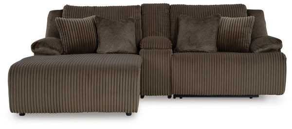 Experience unparalleled comfort with this reclining sectional with chaise. Itâ€™s a stylish and invitingly soft lookâ€”made all the more appealing by cozy corduroy cushions that feel great and add a touch of texture. The rich chocolate brown upholstery ef