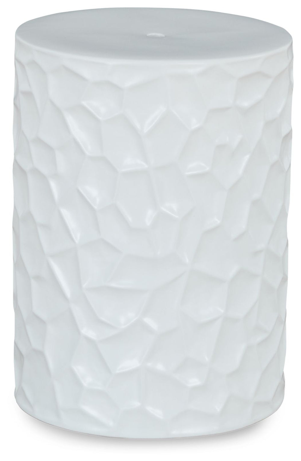 Inspired by modernist sculpture, this contemporary accent stool is an homage to the power of art. Ideal for any outdoor or indoor living space, it features bold irregular patterned sides and a minimalist matte white finish, creating an instant aura of for